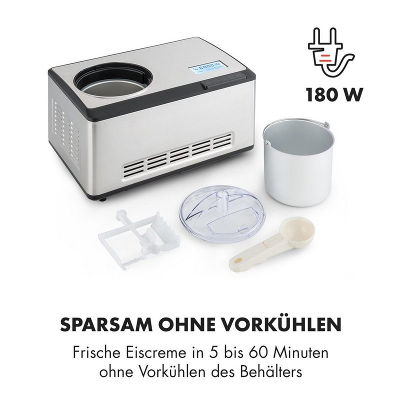 Klarstein Eismaschine Dolce Bacio Eiscremebereiter Kompressor 2l LCD-Display Touch Edelstahl 2 l 180 W