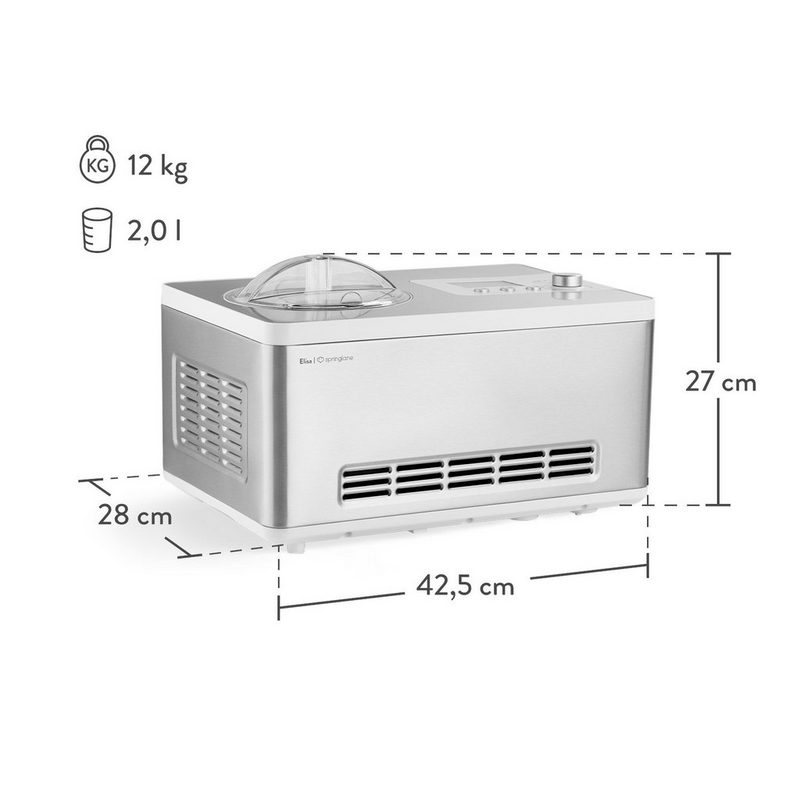 Springlane Eismaschine Elisa 2 l 180 W Eismaschine mit Kompressor 2 l - Eiscrememaschine 180 Watt aus Edelstahl mit herausnehmbaren Eisbehälter & Joghurtbereiter - Eiscremebereiter selbstkühlend inklusive Rezeptheft + vier Aufbewahrungsbehälter in Grau