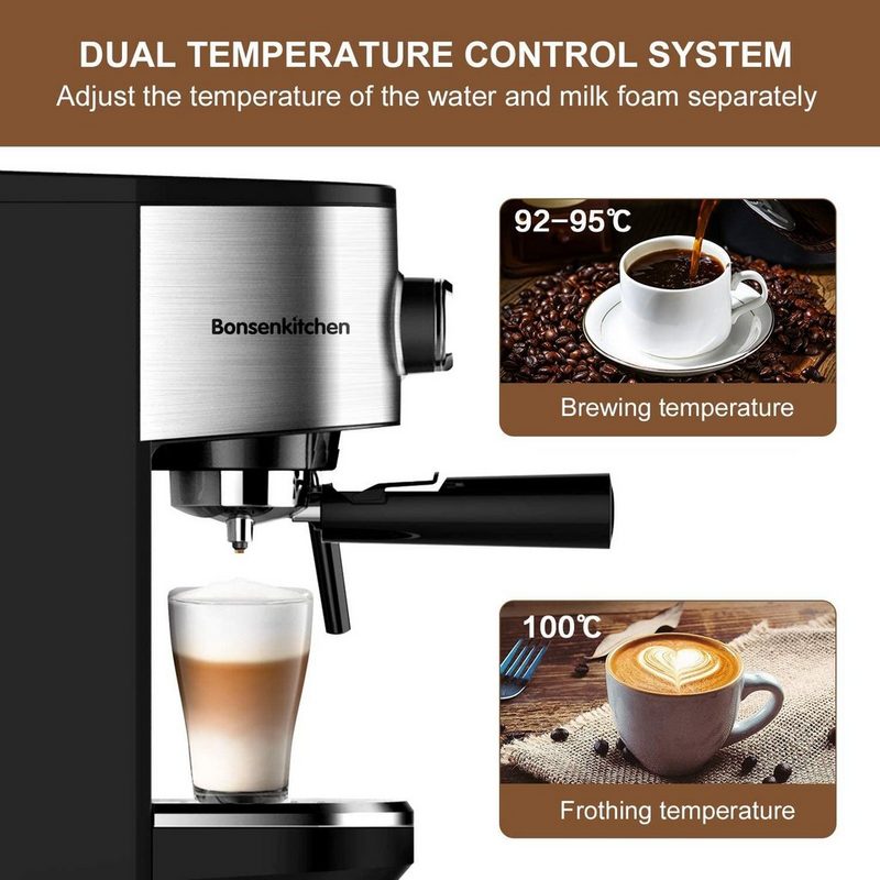 Bonsenkitchen Espressomaschine Bonsenkitchen Espressomaschine mit Siebträgerhalter 1450 W Hochleistungs-Kaffeemaschine aus Edelstahl 15 Bar Filtermaschine für Espresso Cappuccino und Latte Machiato 1 oder 2 Tassen (CM8902 1.25