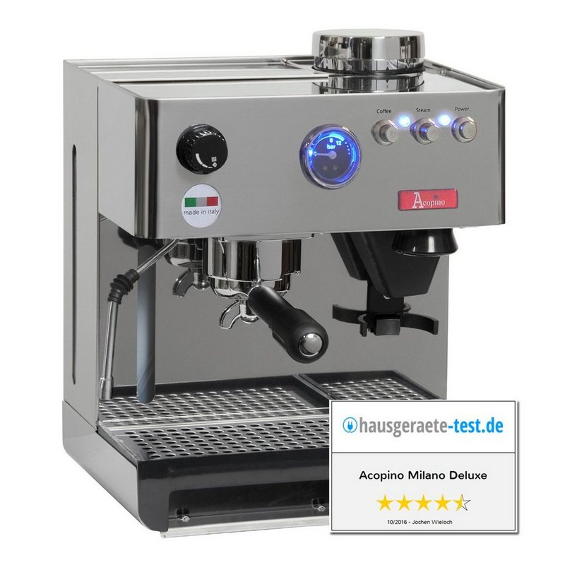 Acopino Siebträgermaschine Milano Deluxe EspressomaschineMade in Italy stufenlos einstellbare Mühle Pumpendruckmanometer mit blauer LED-Beleuchtung Messingboiler