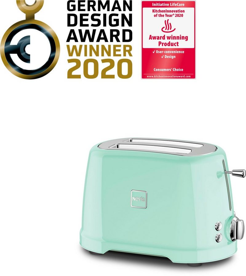 NOVIS Toaster T2 2 kurze Schlitze 900 W Set mit Brötchenwärmer neomint