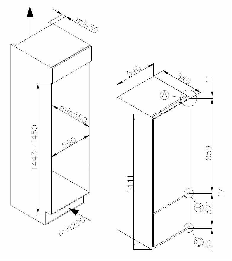 Amica Einbaukühlgefrierkombination EKGC 16155 144 cm hoch 54 cm breit 144 cm hoch