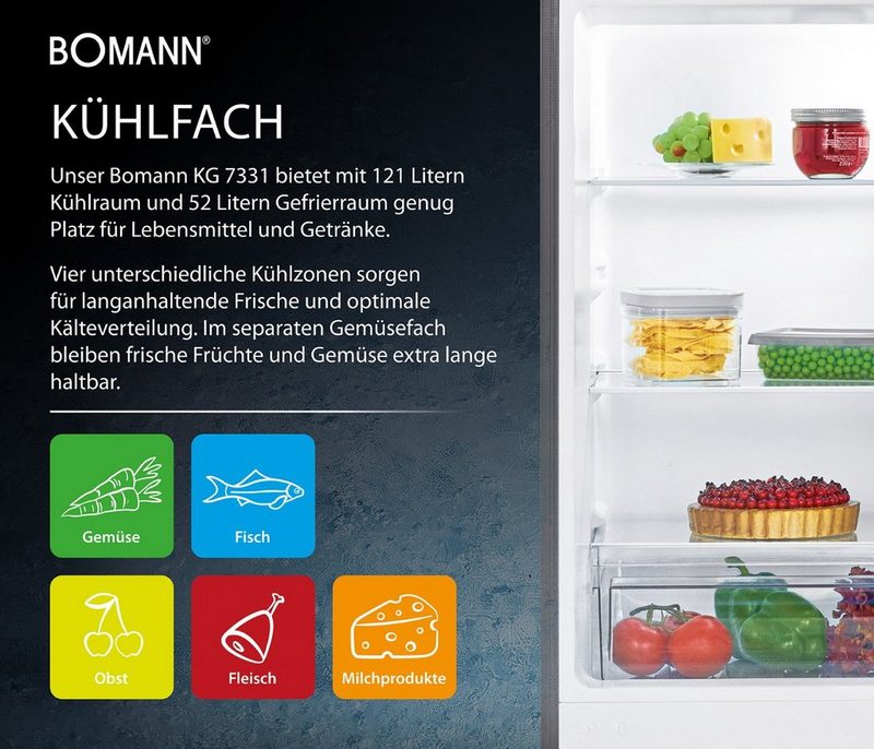 BOMANN Kühl-/Gefrierkombination KG 7331 142.2 cm hoch 50.0 cm breit 173 Liter Nutzinhalt LED Innenraumbeleuchtung transparente Gemüseschale