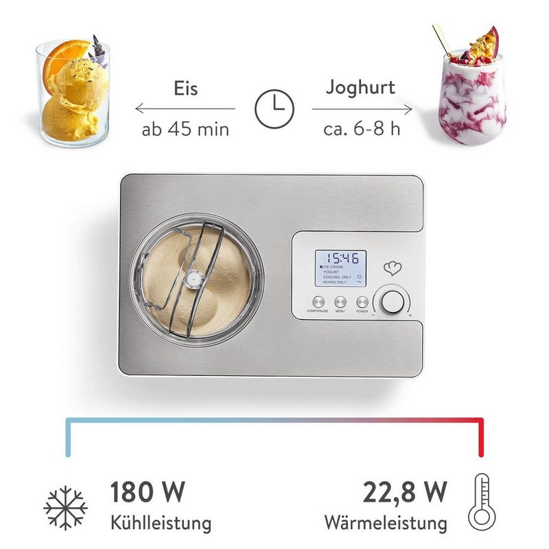 Springlane Eismaschine Elisa 2 l 180 W Eismaschine mit Kompressor 2 l - Eiscrememaschine 180 Watt aus Edelstahl mit herausnehmbaren Eisbehälter & Joghurtbereiter - Eiscremebereiter selbstkühlend inklusive Rezeptheft