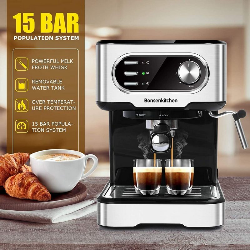 Bonsenkitchen Espressomaschine Bonsenkitchen Espressomaschine 15 Bar für Cappuccino Latte Macchiato Espresso mit abnehmbarem Wassertank Milchdampfdüse 2-Tassen-Funktion Edelstahl 850 W