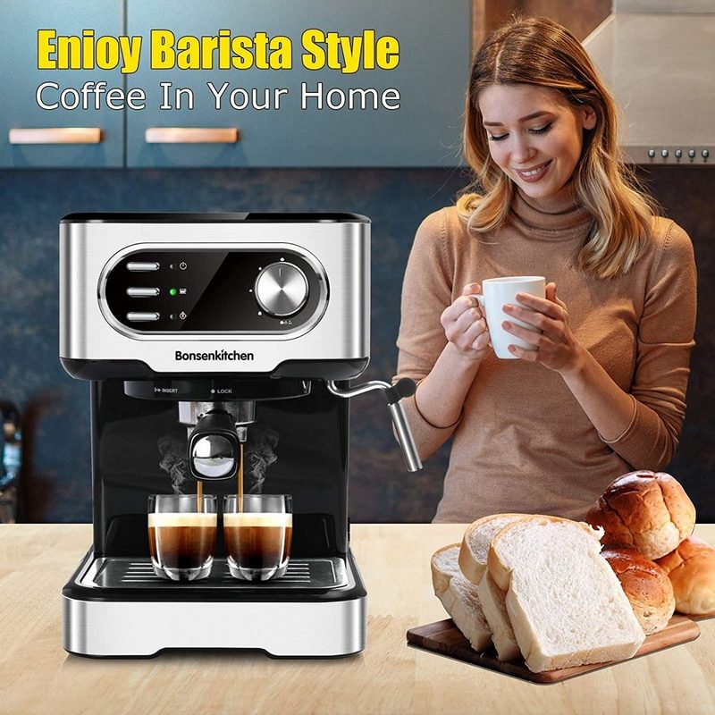 Bonsenkitchen Espressomaschine Bonsenkitchen Espressomaschine 15 Bar für Cappuccino Latte Macchiato Espresso mit abnehmbarem Wassertank Milchdampfdüse 2-Tassen-Funktion Edelstahl 850 W