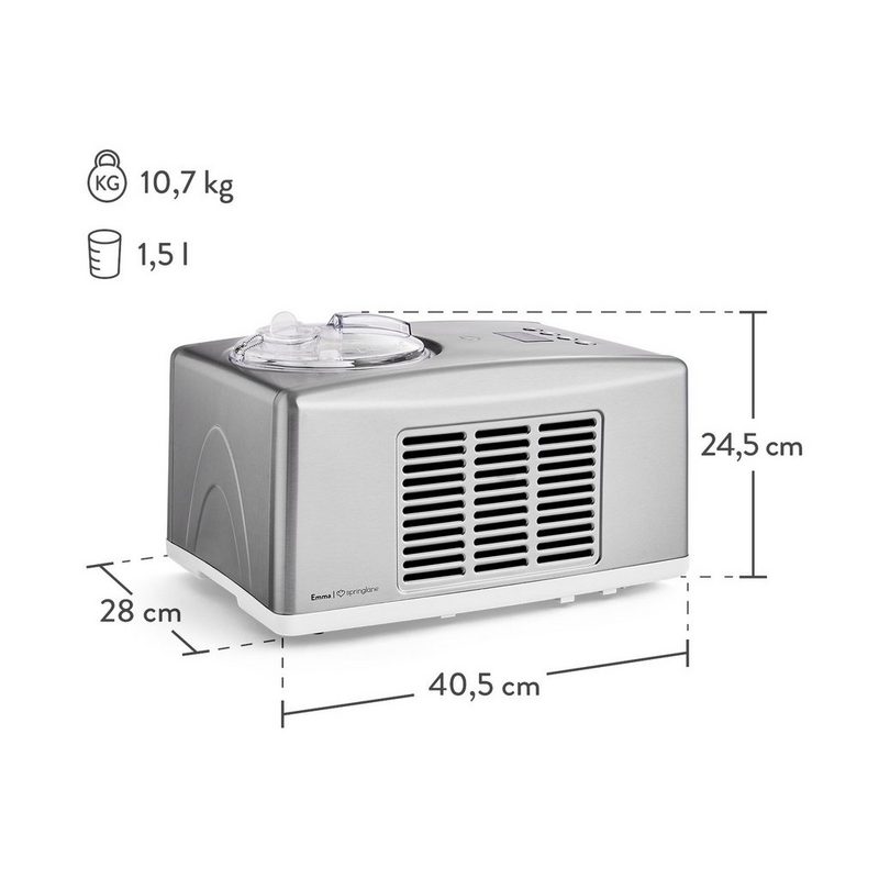 Springlane Eismaschine Emma 1.5 l 150 W Eismaschine mit Kompressor 15 l - Eiscrememaschine 150 Watt aus Edelstahl mit herausnehmbaren Eisbehälter - Eiscremebereiter selbstkühlend Silber inklusive Rezeptheft