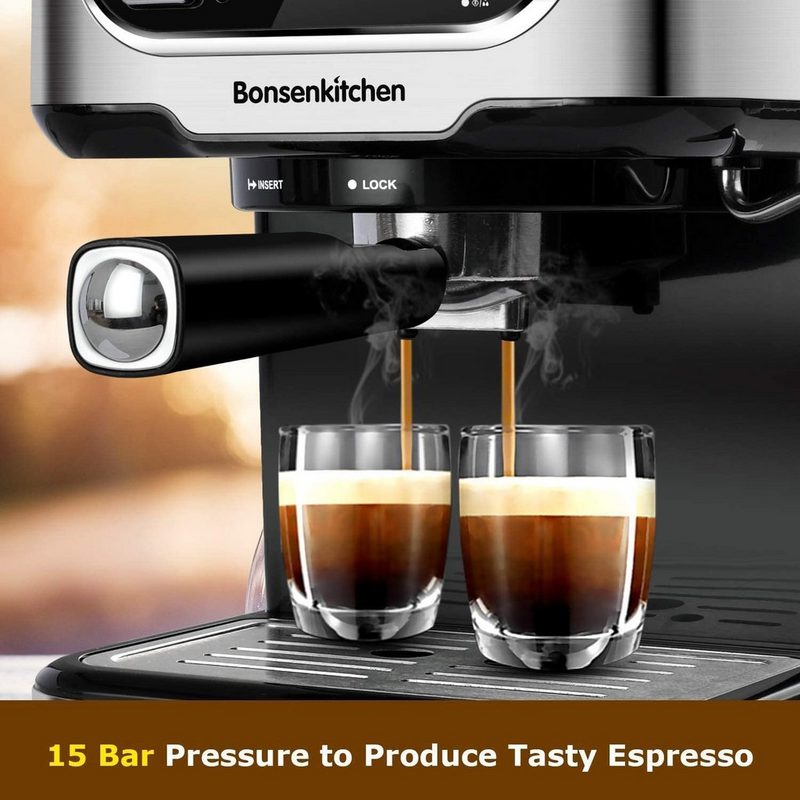 Bonsenkitchen Espressomaschine Bonsenkitchen Espressomaschine 15 Bar für Cappuccino Latte Macchiato Espresso mit abnehmbarem Wassertank Milchdampfdüse 2-Tassen-Funktion Edelstahl 850 W