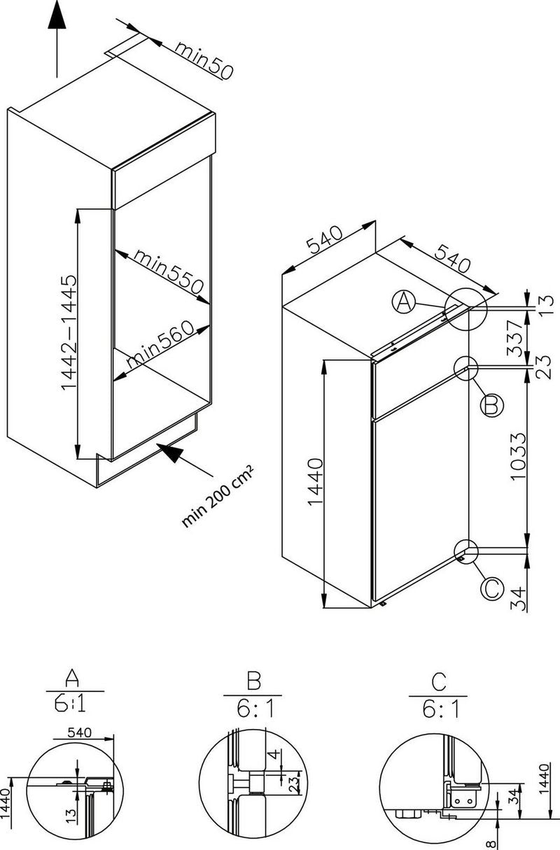 Amica Einbaukühlgefrierkombination EDTS 374 900 144 cm hoch 54 cm breit LED- Beleuchtung