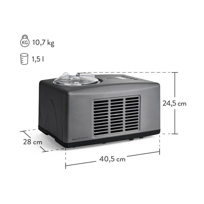 Springlane Eismaschine Emma 1.5 l 150 W Eismaschine mit Kompressor 15 l - Eiscrememaschine 150 Watt aus Edelstahl mit herausnehmbaren Eisbehälter - Eiscremebereiter selbstkühlend Anthrazit inklusive Rezeptheft und zusätzlichen Edelstahlbehälter