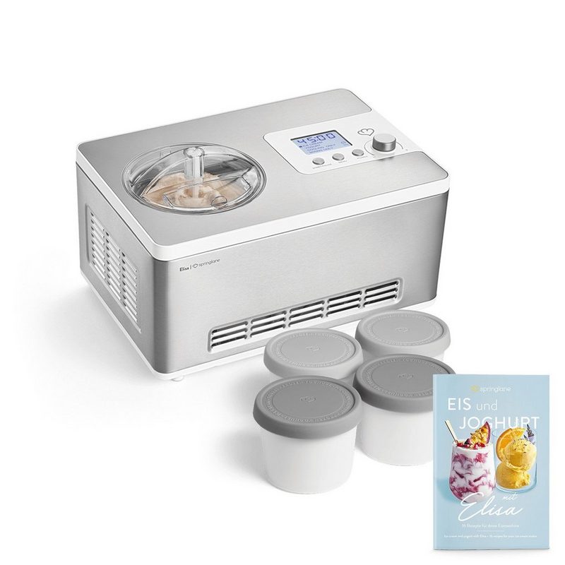 Springlane Eismaschine Elisa 2 l 180 W Eismaschine mit Kompressor 2 l - Eiscrememaschine 180 Watt aus Edelstahl mit herausnehmbaren Eisbehälter & Joghurtbereiter - Eiscremebereiter selbstkühlend inklusive Rezeptheft + vier Aufbewahrungsbehälter in Grau