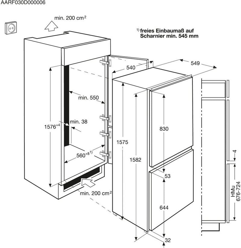 AEG Einbaukühlgefrierkombination SCE616F3LS 1572 cm hoch 548 cm breit