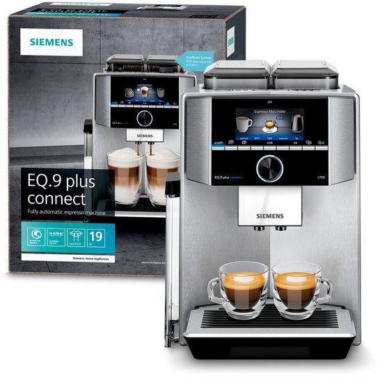 SIEMENS Kaffeevollautomat EQ.9 plus connect s700 TI9578X1DE 2 separate Bohnenbehälter und Mahlwerke extra leise automatische Reinigung bis zu 10 individuelle Profile