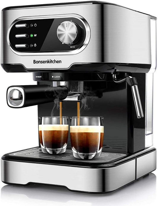 Bonsenkitchen Espressomaschine Bonsenkitchen Espressomaschine 15 Bar für Cappuccino Latte Macchiato Espresso mit abnehmbarem Wassertank Milchdampfdüse 2-Tassen-Funktion Edelstahl 850 W