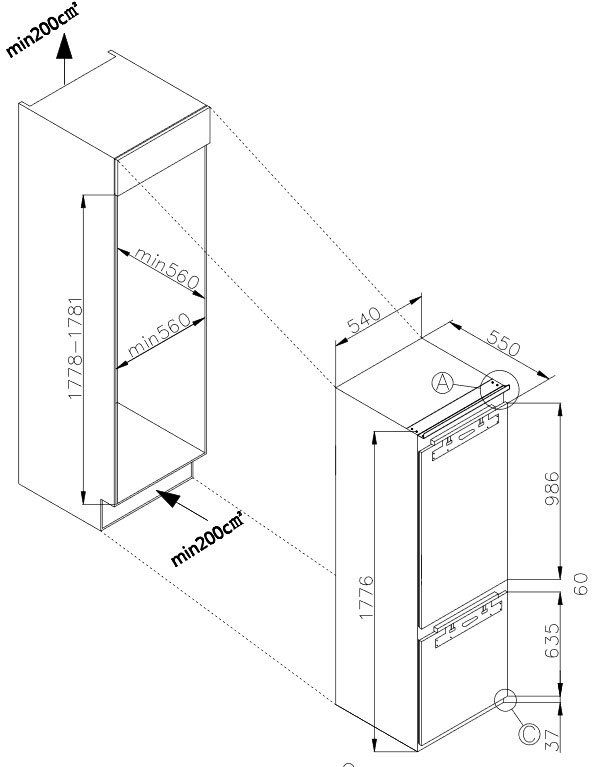 Amica Einbaukühlgefrierkombination EKGCX 387 901 1776 cm hoch 54 cm breit