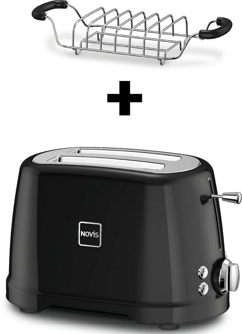 NOVIS Toaster T2 schwarz SET 2 kurze Schlitze 900 W mit Brötchenwärmer