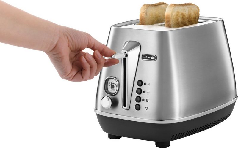 DeLonghi Toaster Distinta X CTI2103.M 2 kurze Schlitze 900 W mit Brötchenaufsatz im Retro Look Edelstahl