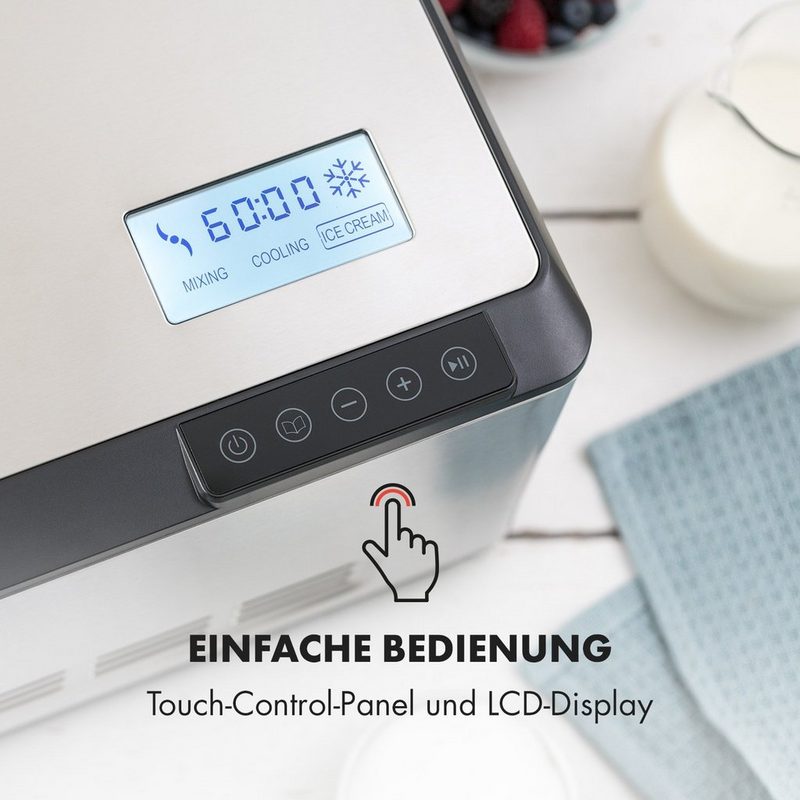 Klarstein Eismaschine Dolce Bacio Eiscremebereiter Kompressor 2l LCD-Display Touch Edelstahl 2 l 180 W