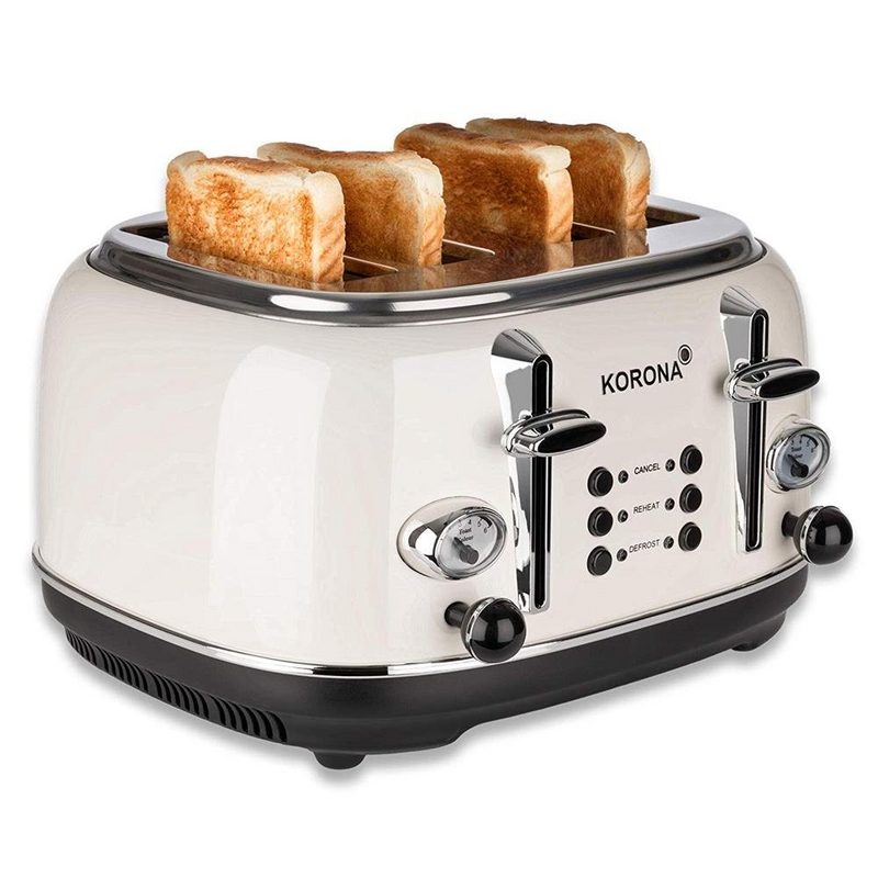 KORONA Toaster Retro Toaster 4 Scheiben Vintage Design / Style Analoge Anzeigen 2 separate Röstbereiche Chrom 21676 - creme