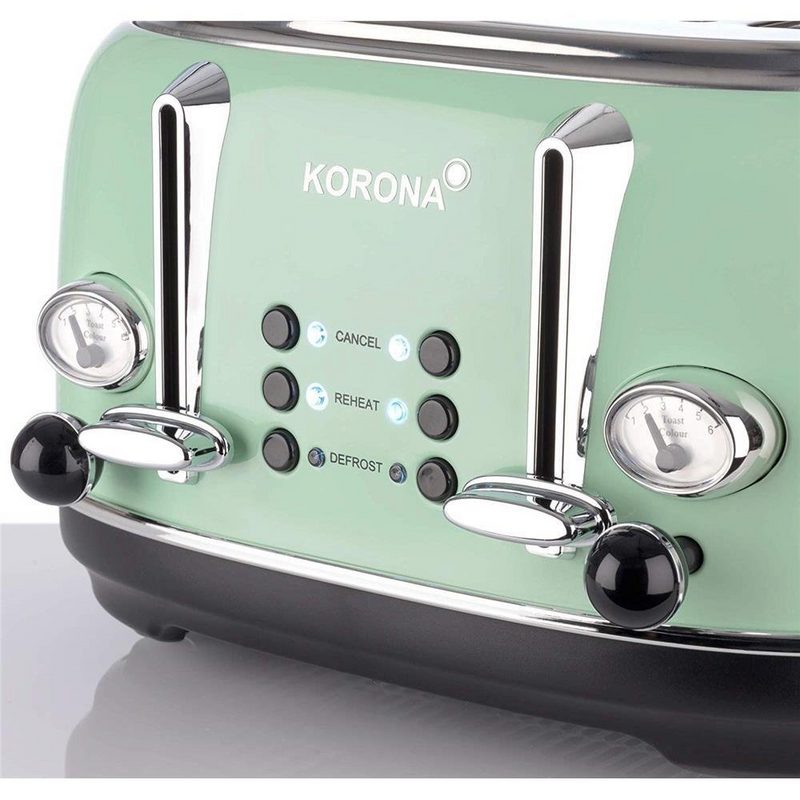 KORONA Toaster Retro Frühstückset Mint 4 Schlitz Küchenset - 4 Scheiben Toaster inkl. Wasserkocher Pfeifkessel Design Retro / Vintage Design analoge Temperaturanzeige / Röstgradanzeige Brötchenaufsatz 17 l Kapazität Chrom Optik Mint Grün