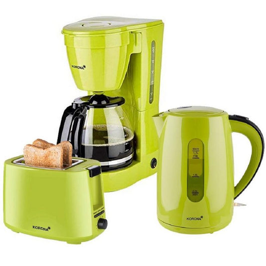 KORONA Toaster Frühstücksset / Küchenset 3er Set 12 Tassen Filterkaffemaschine 2-Scheiben Toaster (2-Schlitz-Toaster) 17 L Wasserkocher Ideal geeignet für Küche Büro Ferienwohnung Ferienhaus grün (10118 20133 21133)