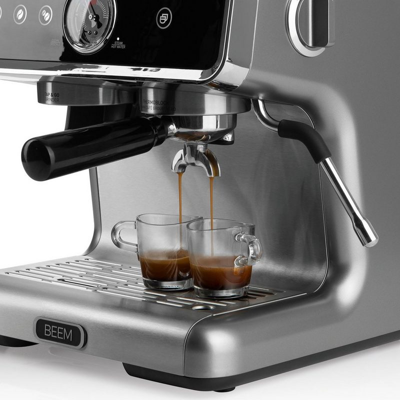 BEEM Siebträgermaschine Kaffeemaschine ESPRESSO-GRIND-PROFESSION Mahlwerk - 15 bar - Kegelmahlwerk Espresso 2 Thermoblöcke 30 Mahlgradeinstellungen schwenkbare Dampfdüse zwei Tassen gleichzeitig.