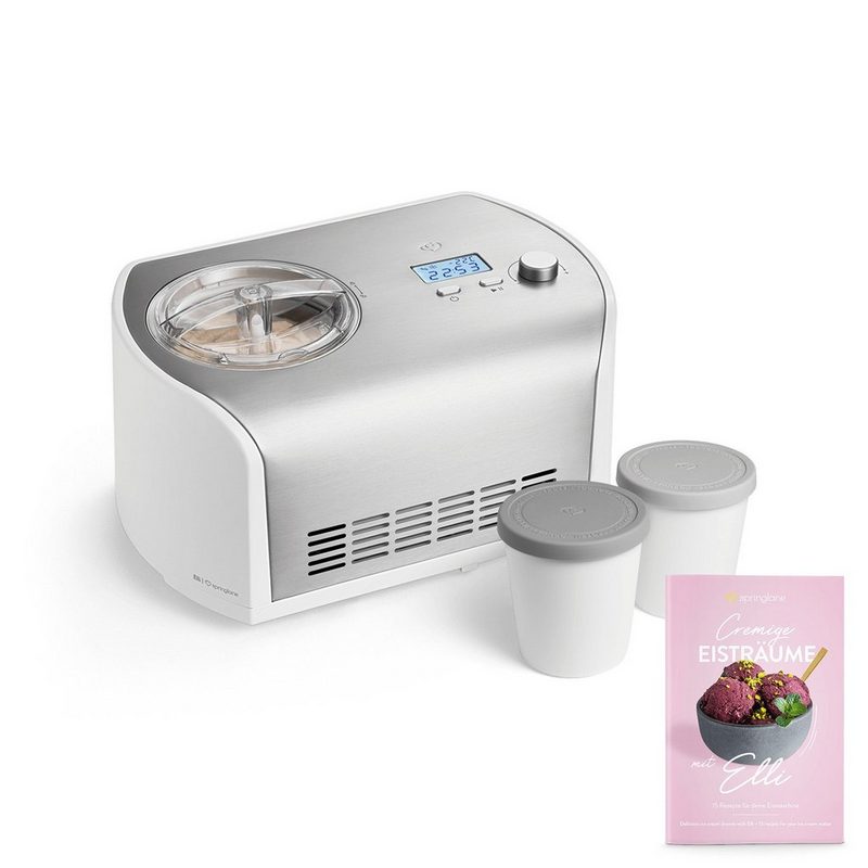 Springlane Eismaschine mit Kompressor inkl. Rezeptheft 1.2 l 135 W Elli + 2 Aufbewahrungsbehälter Grau