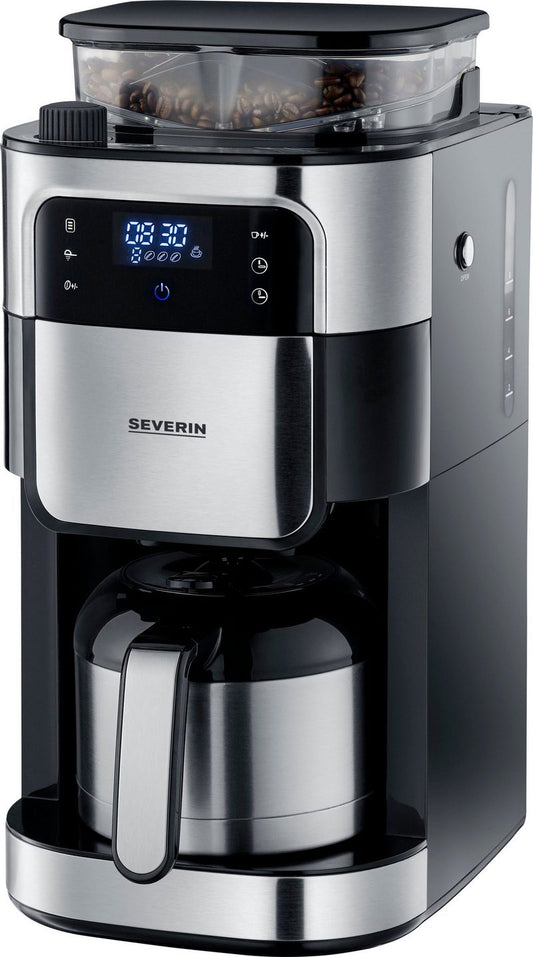 Severin Kaffeemaschine mit Mahlwerk KA 4814 1l Kaffeekanne Permanentfilter 1x4 mit Mahlwerk und dreistufiger Aromawahl Schwenkfilter LED-Touch-Display mit Timerfunktion einzigartige Blooming-Funktion