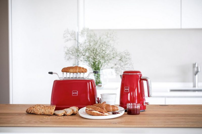 NOVIS Toaster T2 rot SET 2 kurze Schlitze 900 W mit Brötchenwärmer