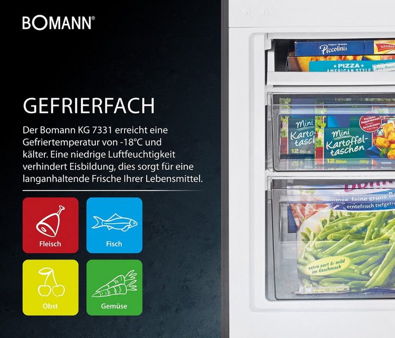 BOMANN Kühl-/Gefrierkombination KG 7331 142.2 cm hoch 50 cm breit 173 Liter Nutzinhalt LED Innenraumbeleuchtung transparente Gemüseschale