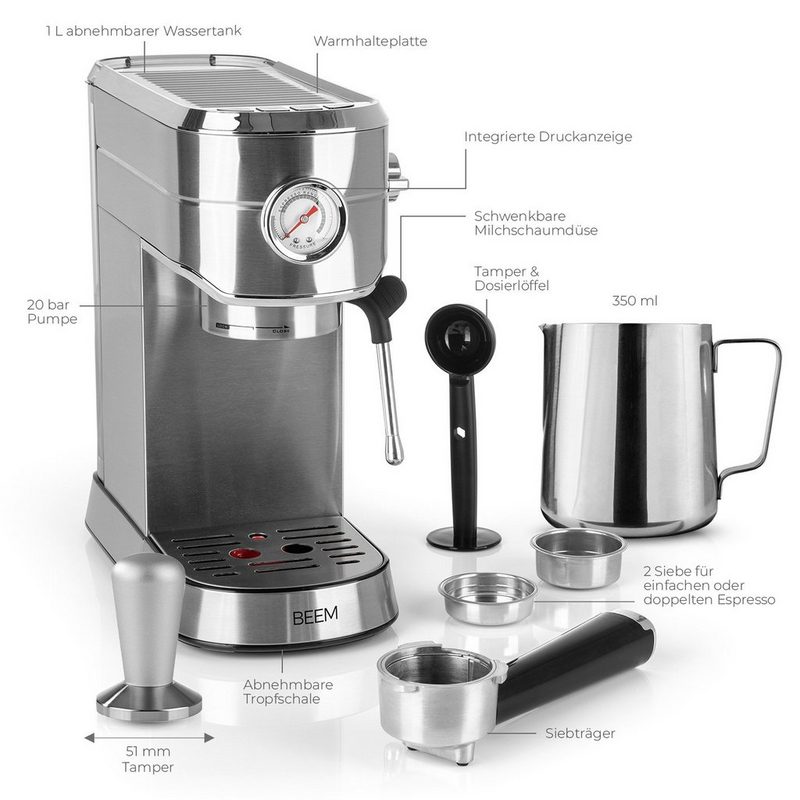 BEEM Siebträgermaschine ESPRESSO-ULTIMATE BARISTA-SET - XL - Espresso-Siebträgermaschine (20 bar) - Milchkännchen & Coffee-Tamper