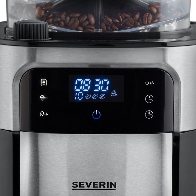 Severin Kaffeemaschine mit Mahlwerk KA 4813 125l Kaffeekanne Permanentfilter 1x4 Mahlgrad und Kaffeemenge einstellbar Warmhaltezeit bis zu 60 Min. Aroma-Entfaltung dank einzigartiger Blooming-Funktion LED-Touch-Display mit Timerfunktion