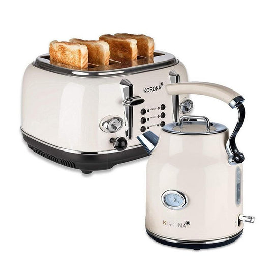 KORONA Toaster Retro Frühstücksset Creme 4 Schlitz Küchenset - 4 Scheiben Toaster inkl. Wasserkocher Pfeifkessel Design Retro / Vintage Design analoge Temperaturanzeige / Röstgradanzeige Brötchenaufsatz 17 l Kapazität Chrom Optik Creme / Beige