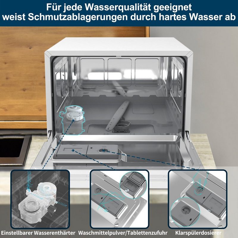 VIK Tischgeschirrspüler WQP6-8411 7.5 l 6 Sätze Tischgeschirrspüler 6 Programme Digitalanzeige Wasserenthärter obere und untere Sprüharme 75 Liter Wasser geeignet für Wohnungen Wohnheime und Wohnmobile.