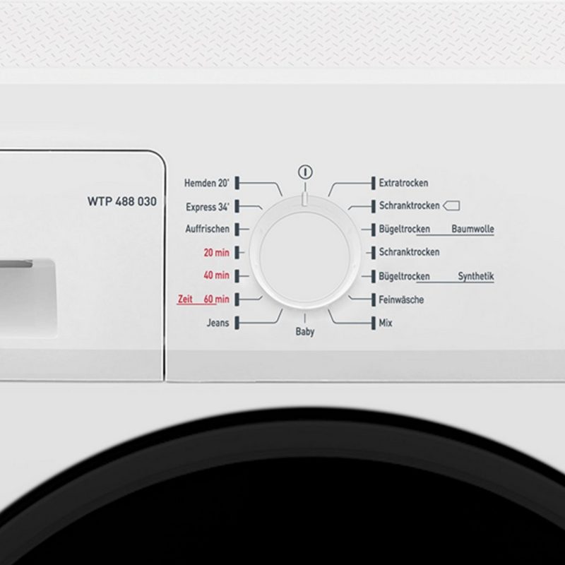 Amica Wärmepumpentrockner weiss WTP 488 030 8 kg Trommelreversierfunktion Programmablaufanzeige Innenbeleuchtung LED Drehwähler für Programme Kindersicherung 15 Programme