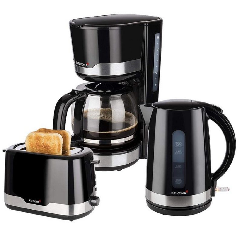 KORONA Toaster Frühstücksset / Küchenset schwarz/Edelstahl 2-Scheiben-Toaster Auftaufunktion Brötchenaufsatz 17 L / 2200 W Wasserkocher 12 Tassen Filter Kaffeemaschine