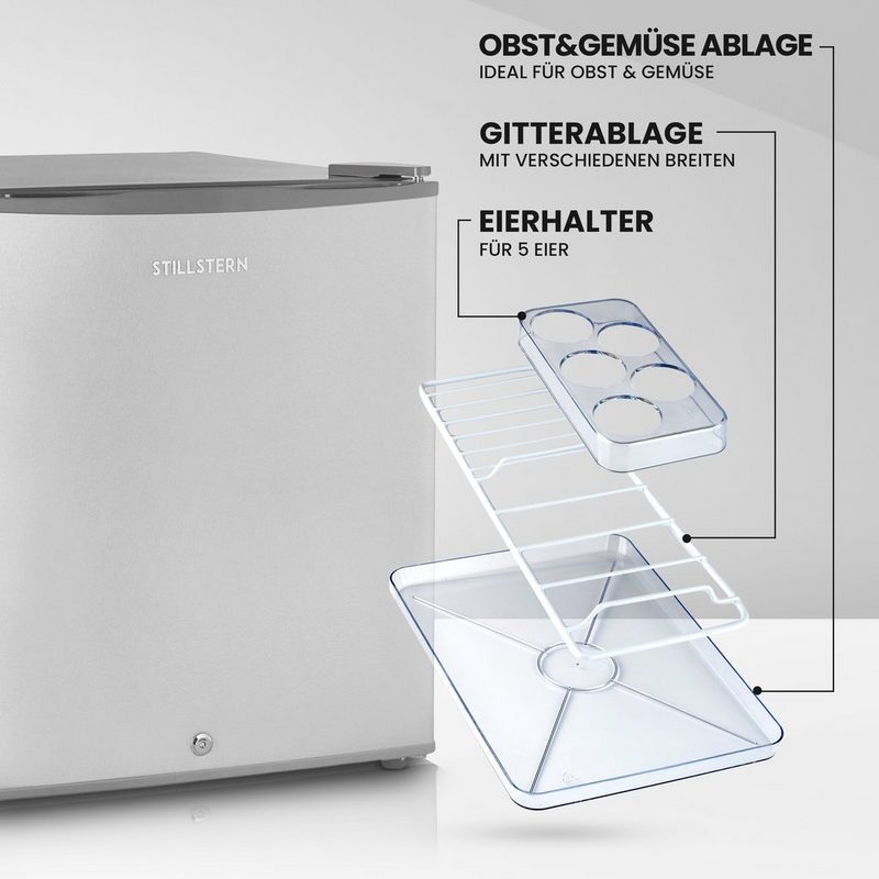 Stillstern Table Top Kühlschrank KB 46.2 Mini Kühlschrank E 45L mit Abtauautomatik Schloss Frostfach Leise Ideal für Küche Büro Schlafzimmer Hotels und kleine Wohnungen Kühlschrank klein Minibar Getränkekühlschrank