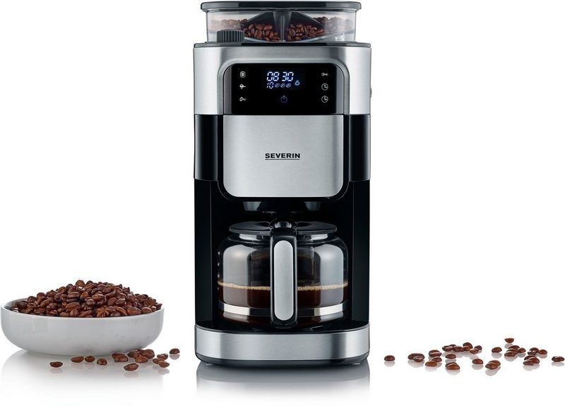 Severin Kaffeemaschine mit Mahlwerk KA 4813 125l Kaffeekanne Permanentfilter 1x4 Mahlgrad und Kaffeemenge einstellbar Warmhaltezeit bis zu 60 Min. Aroma-Entfaltung dank einzigartiger Blooming-Funktion LED-Touch-Display mit Timerfunktion