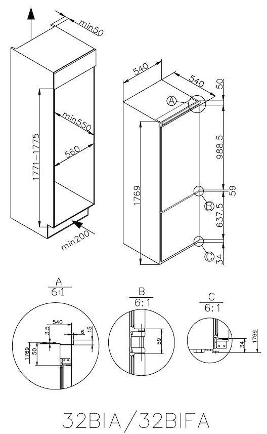 Candy Einbaukühlgefrierkombination CKBBS 100/1 1769 cm hoch 54 cm breit