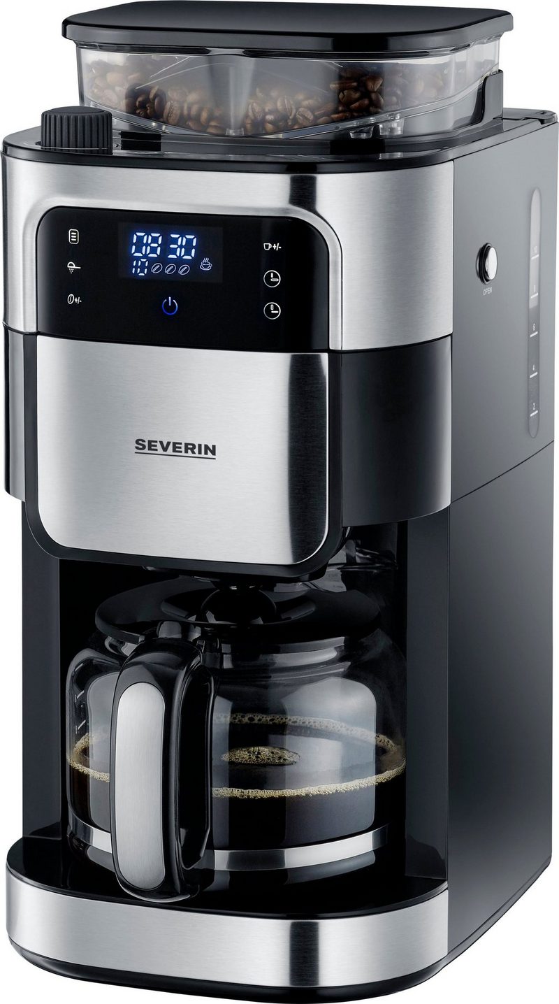 Severin Kaffeemaschine mit Mahlwerk KA 4813 125l Kaffeekanne Permanentfilter 1x4 Mahlgrad und Kaffeemenge einstellbar Warmhaltezeit bis zu 60 Min. Aroma-Entfaltung dank einzigartiger Blooming-Funktion LED-Touch-Display mit Timerfunktion