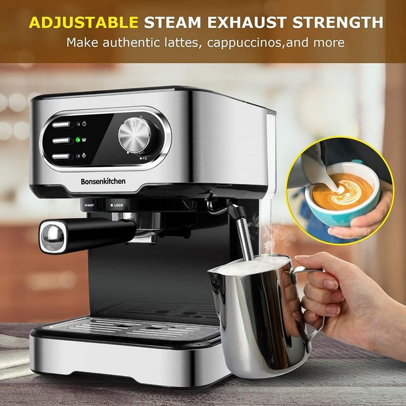 Bonsenkitchen Espressomaschine Bonsenkitchen Espressomaschine 15 Bar für Cappuccino Latte Macchiato Espresso mit abnehmbarem Wassertank Milchdampfdüse 2-Tassen-Funktion Edelstahl 850 W