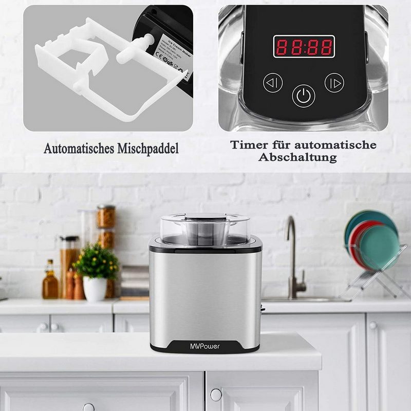 MVPower Eismaschine 200 l 1200 W 2L Speiseeisbereiter 12W mit Timer (5 bis 45 Min) LCD-Anzeige inkl. Rezeptheft für Eis Frozen Yoghurt und Sorbet Abnehmbar