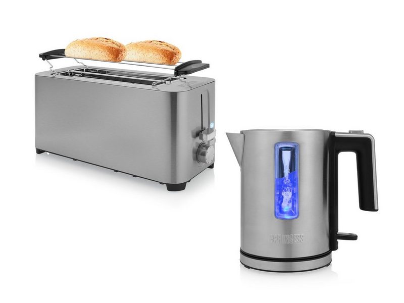 PRINCESS Toaster 2 lange Schlitze 1400 W Frühstück-SET 4er Doppelschlitz Toastmaschine & 1 Liter Wasserkocher klein ohne Kabel