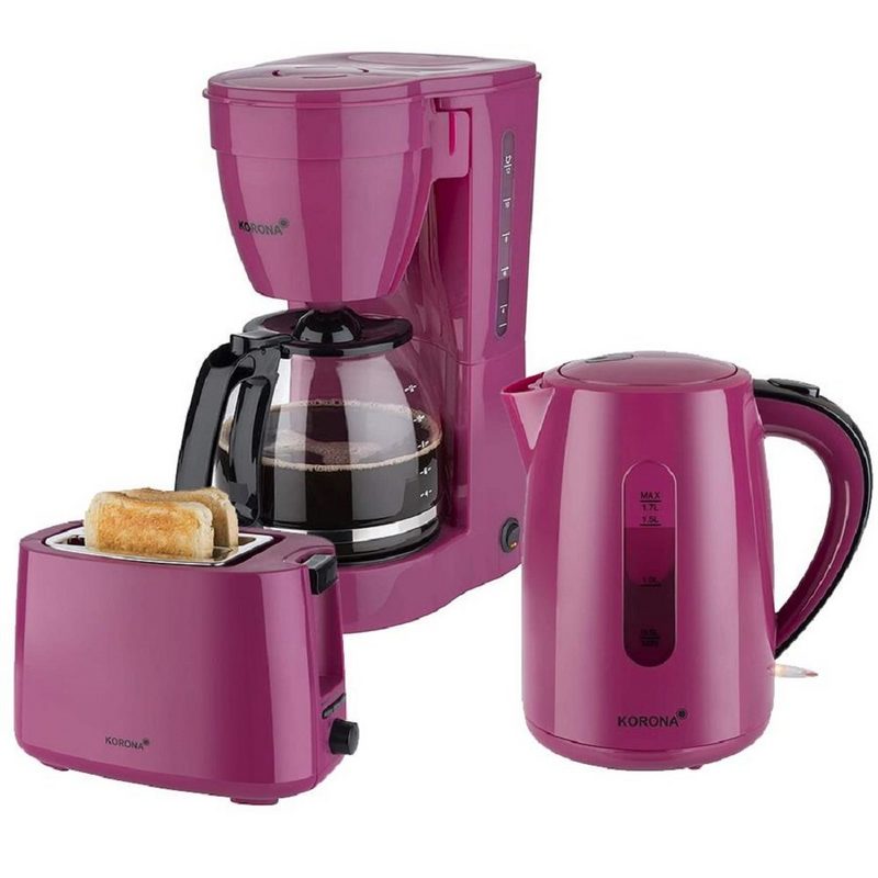 KORONA Toaster Frühstücksset / Küchenset 3er Set 12 Tassen Filterkaffemaschine 2-Scheiben Toaster (2-Schlitz-Toaster) 17 L Wasserkocher Ideal geeignet für Küche Büro Ferienwohnung Ferienhaus Beere / violett / lila (10119 20134 21134)