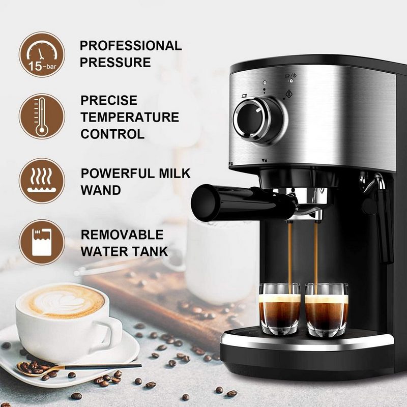 Bonsenkitchen Espressomaschine Bonsenkitchen Espressomaschine mit Siebträgerhalter 1450 W Hochleistungs-Kaffeemaschine aus Edelstahl 15 Bar Filtermaschine für Espresso Cappuccino und Latte Machiato 1 oder 2 Tassen (CM8902 1.25