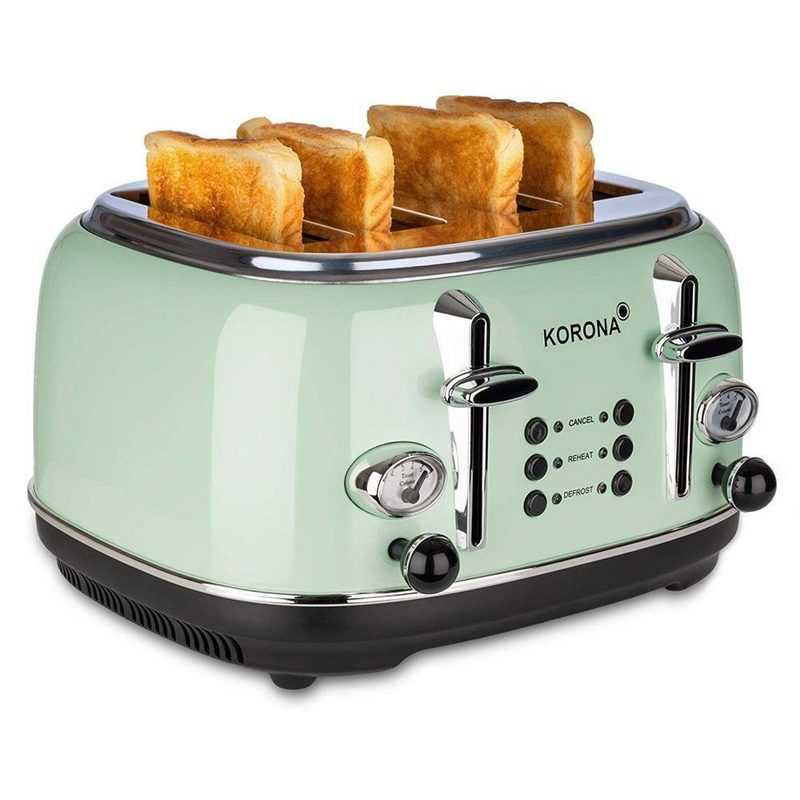 KORONA Toaster Retro Frühstückset Mint 4 Schlitz Küchenset - 4 Scheiben Toaster inkl. Wasserkocher Pfeifkessel Design Retro / Vintage Design analoge Temperaturanzeige / Röstgradanzeige Brötchenaufsatz 17 l Kapazität Chrom Optik Mint Grün