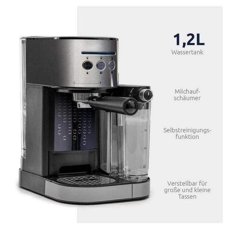 BluMill Espressomaschine Espresso Siebträger Siebträgermaschine mit integriertem Milchaufschäumer