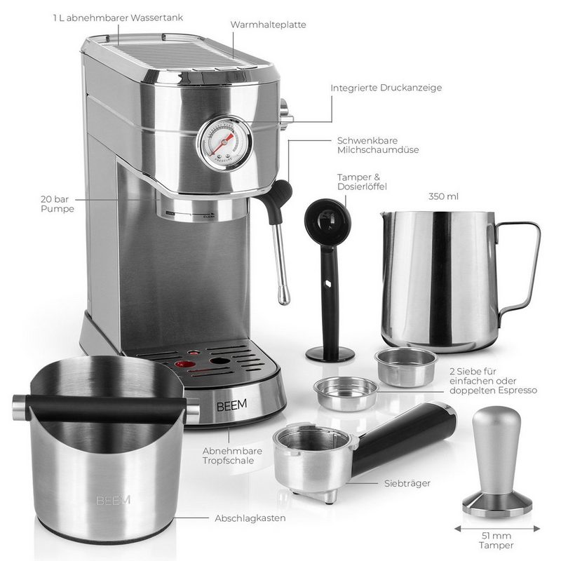 BEEM Siebträgermaschine ESPRESSO-ULTIMATE BARISTA-SET - XXL - silber