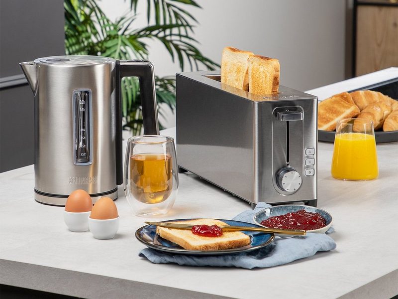 PRINCESS Toaster 1 langer Schlitz 1050 W Frühstück-SET Langschlitz Toastmaschine & 17 Liter Wasserkocher mit Temperatur-Einstellung