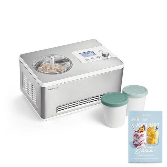 Springlane Eismaschine Elisa 2 l 180 W Eismaschine mit Kompressor 2 l - Eiscrememaschine 180 Watt aus Edelstahl mit herausnehmbaren Eisbehälter & Joghurtbereiter - Eiscremebereiter selbstkühlend inklusive Rezeptheft + zwei Aufbewahrungsbehälter in Türkis